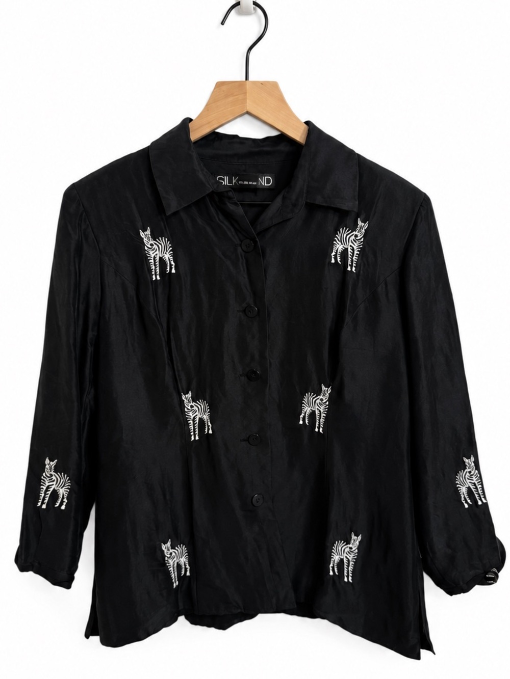 Silkland 100% Silk Zebra Embroidered Blazer Jacket Black Size 4